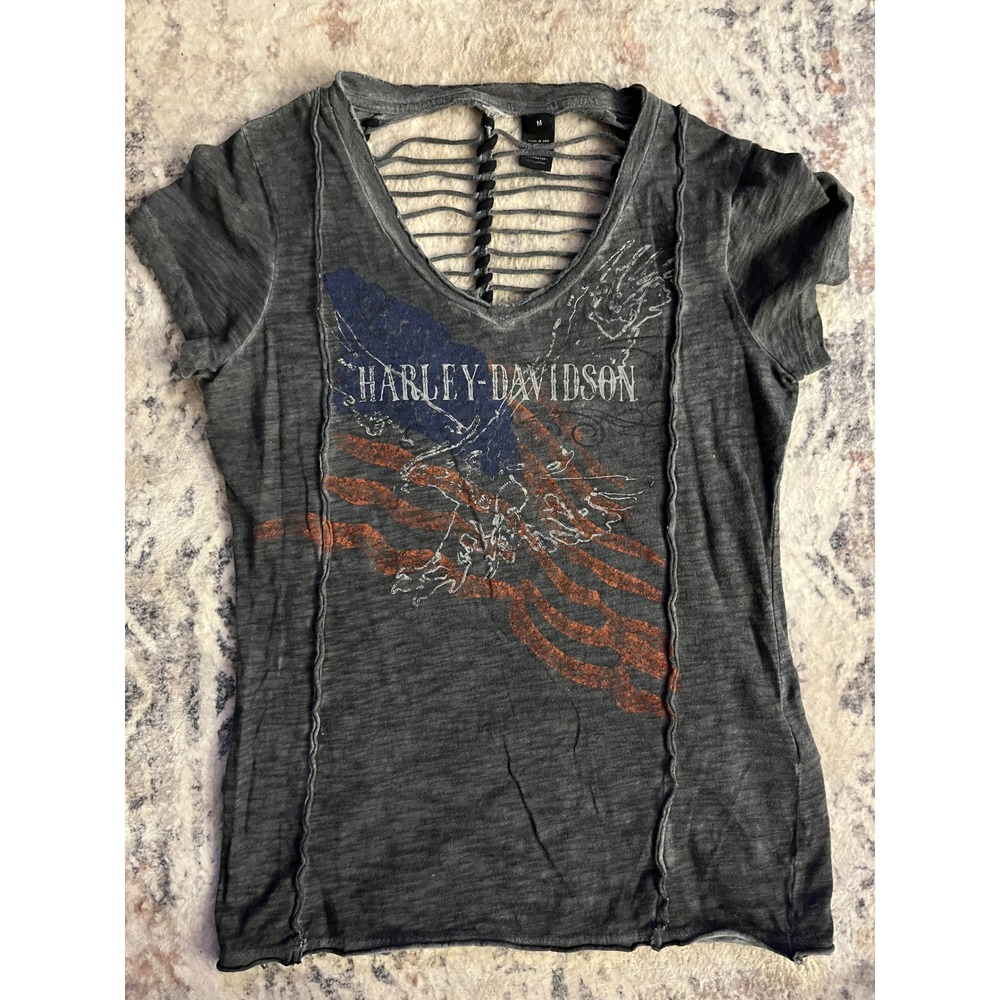 Harley-Davidson Womens Graphic Tee Gray Acid Wash Shredded Back Eagle Flag M
